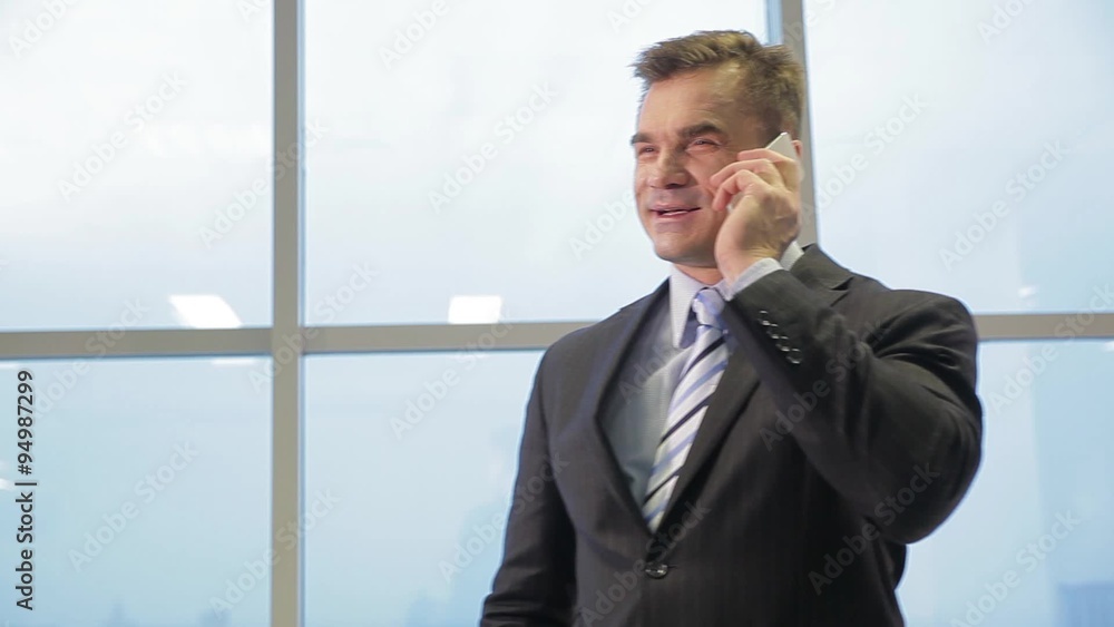 joyful businessman talking on the phone in bright office against window joyful businessman talking on the phone in bright office against window