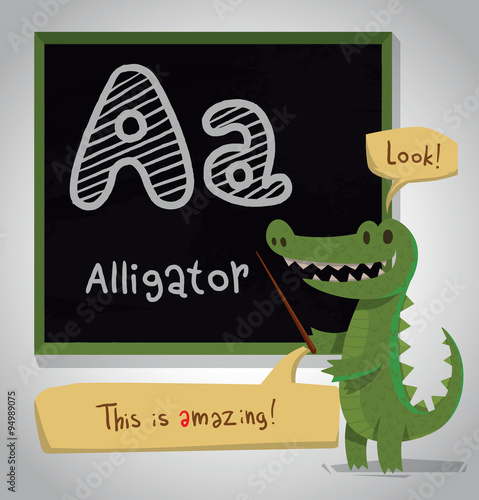 Vector cartoon image of a funny green alligator standing with a pointer in his paw near the blackboard, with the letter "A" is written on it, on a light gray background. For children's learning.