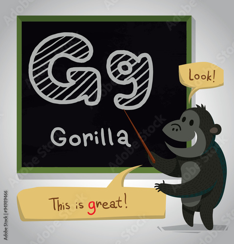 Vector cartoon image of a funny dark gray gorilla standing with a pointer in his paw near the blackboard, with the letter "G" is written on it, on a light gray background. For children's learning.