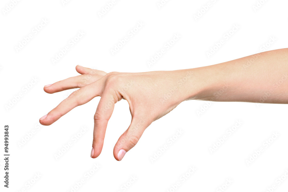 woman showing with her hand as if she is squeezing something isolated on white.