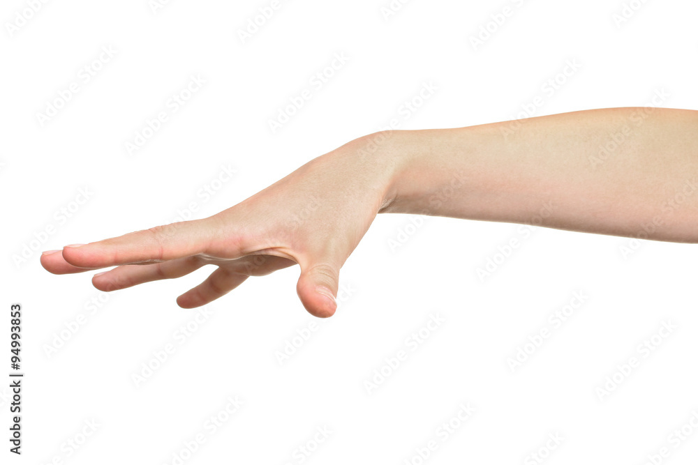 woman showing with her hand that she released something isolated on white. woman showing with her hand that she released something isolated on white.