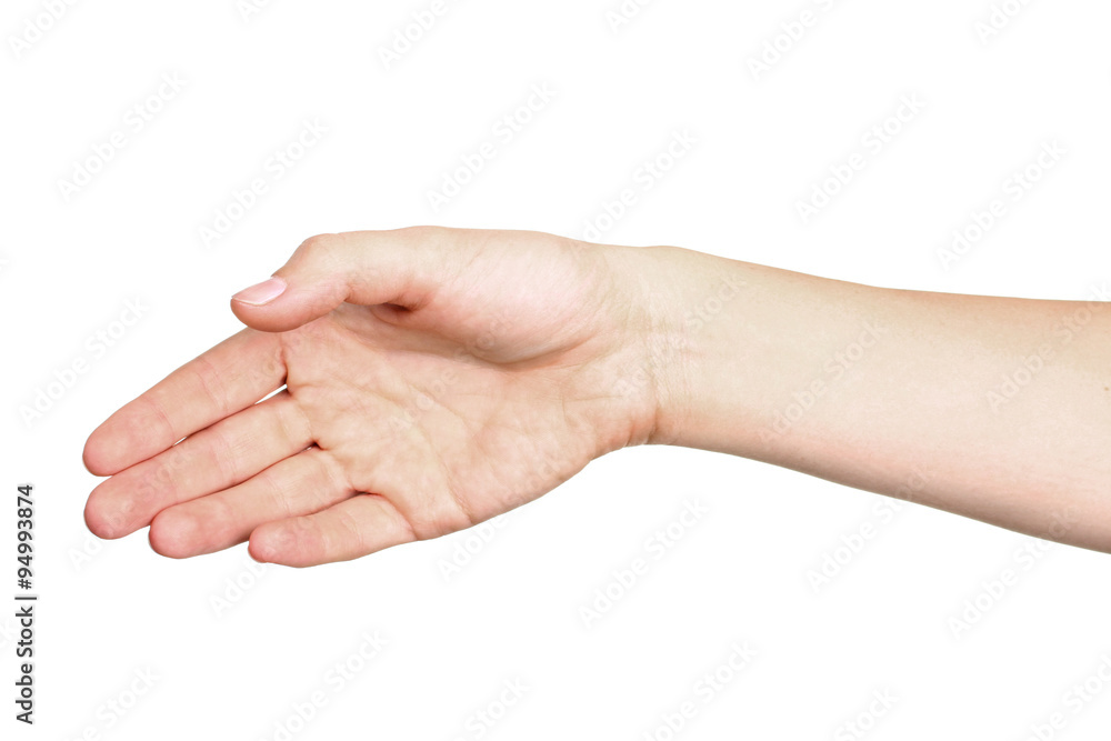 Female hand outstretched for a handshake, isolated on white. Female hand outstretched for a handshake, isolated on white.