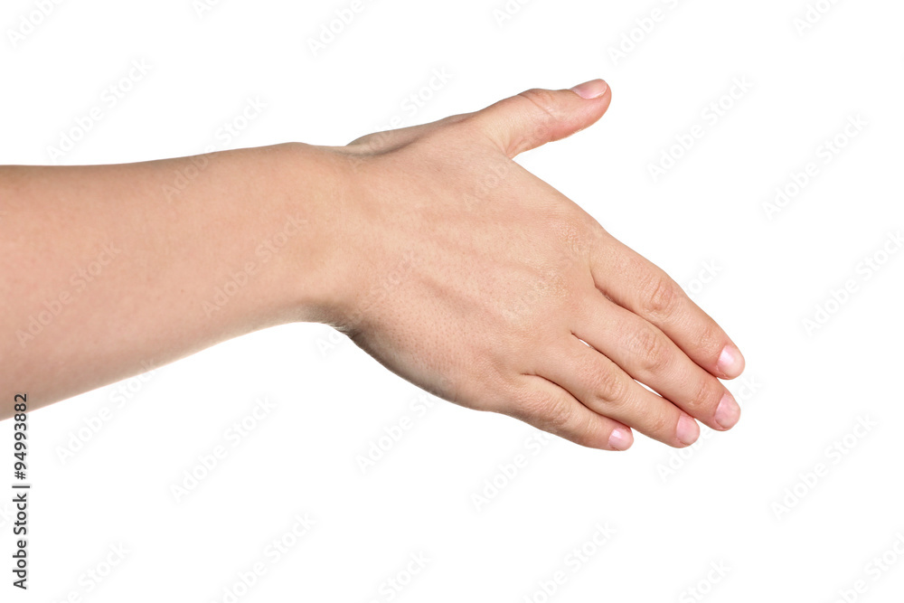 Female hand outstretched for a handshake, isolated on white. Female hand outstretched for a handshake, isolated on white.