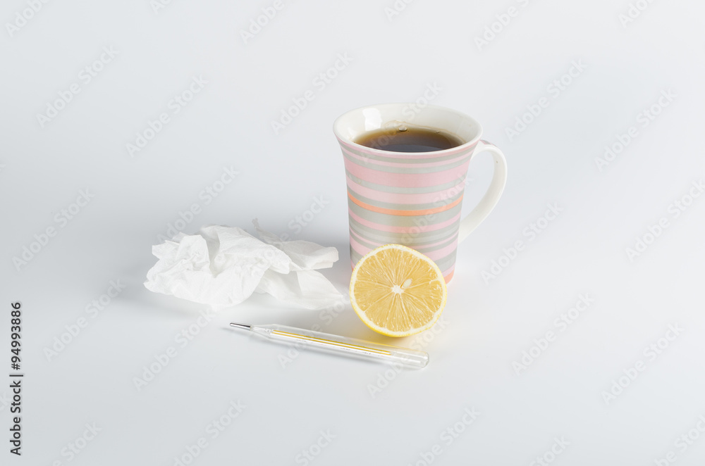 handkerchiefs and hot tea with lemon, treatment of colds, flu an handkerchiefs and hot tea with lemon, treatment of colds, flu an