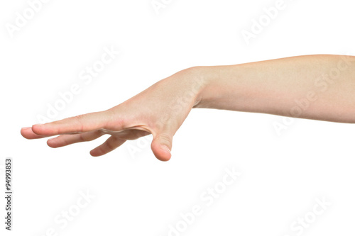 woman showing with her hand that she released something isolated on white.