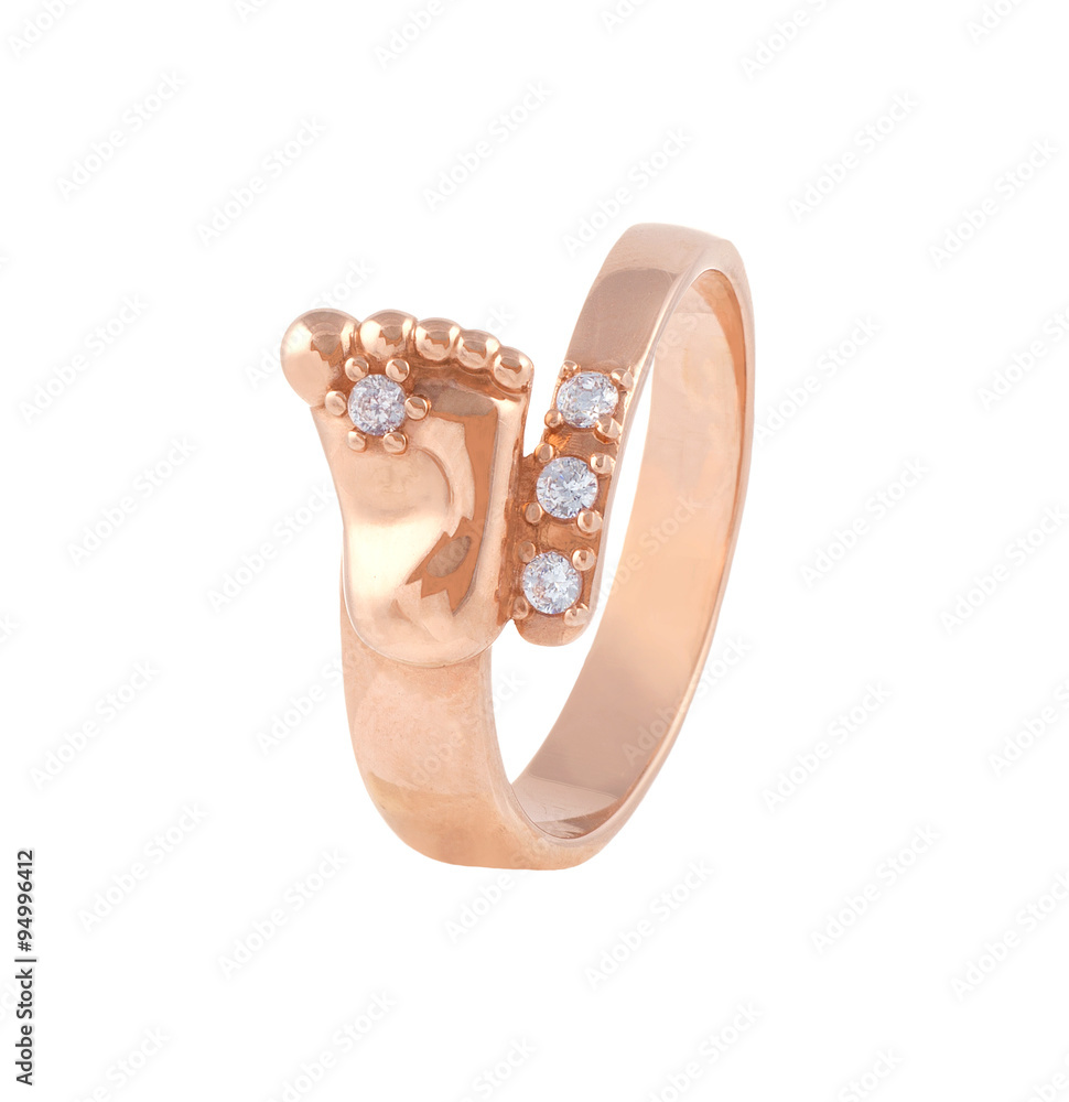 Fototapeta premium Luxury golden ring child baby heel with diamonds isolated on white