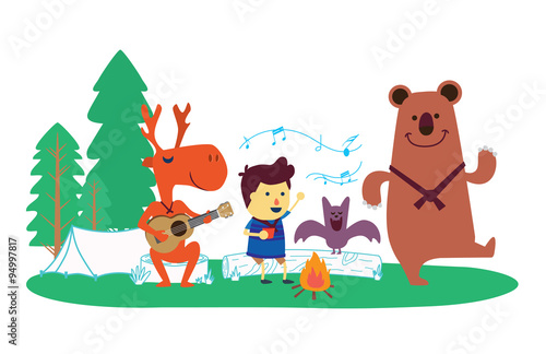 A boy in party with wild animal comprise bear, deer and bat. They are happy with play music and singing at camp in forest.