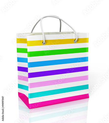 Multi-color paper bag for purchases on a white background.