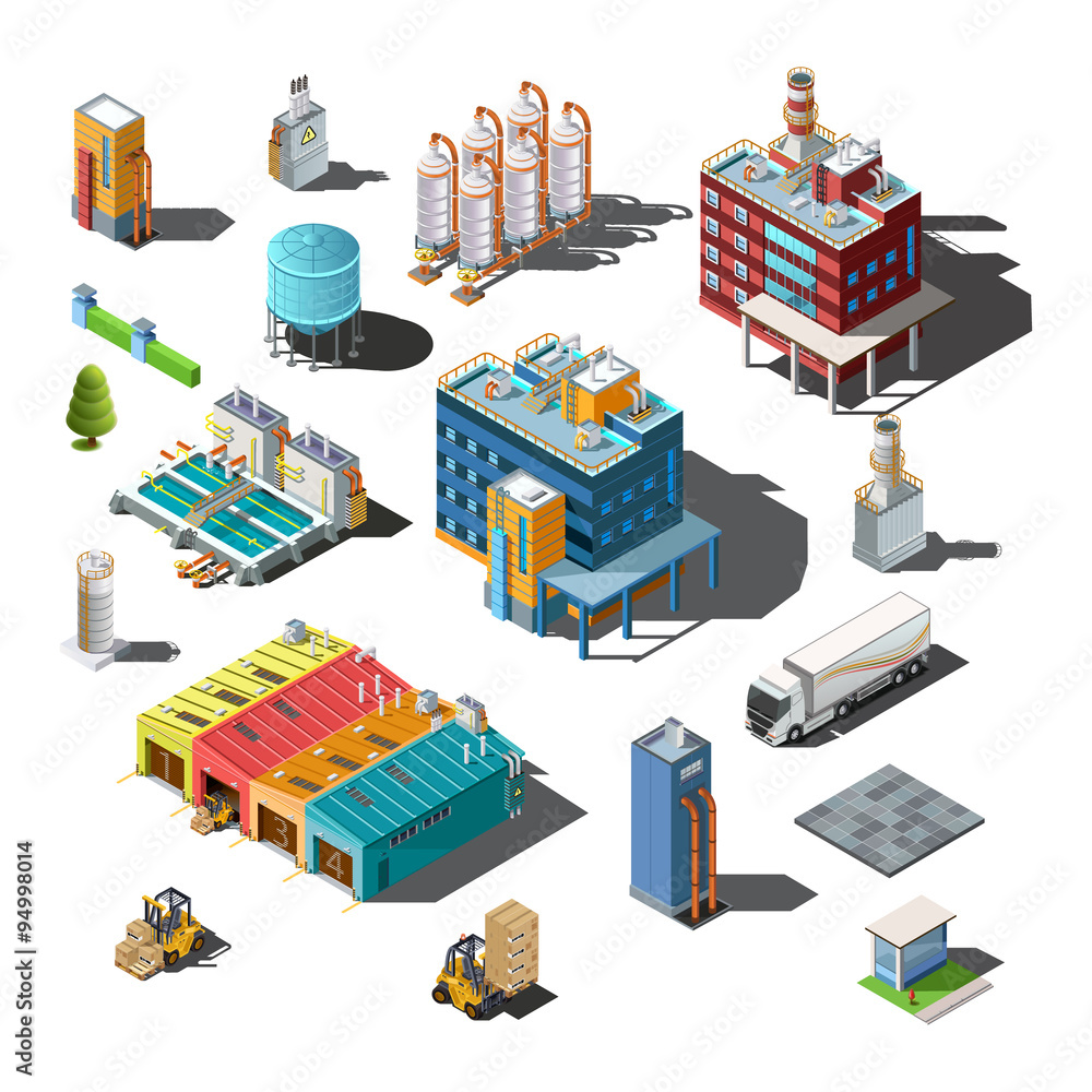 Icons and compositions of industrial subjects, isolated constructions, buildings isometric view, 3D. Vector set of industry