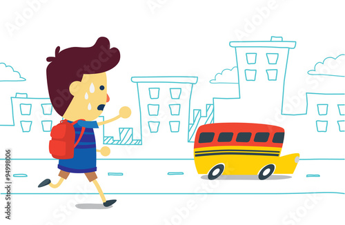 A boy hurry running for chase school bus because he out of home too late 