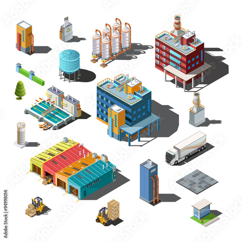 Icons and compositions of industrial subjects, isolated constructions, buildings isometric view, 3D. Vector set of industry photo