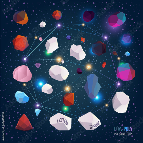 Low poly polygons form. Vector abstact concept. The background starry sky with pieces of asteroids.
