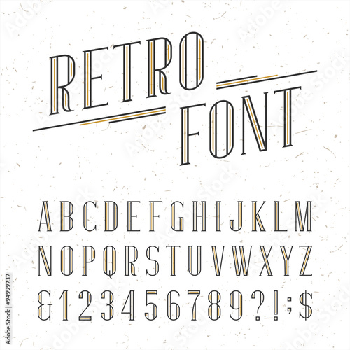 Decorative retro alphabet vector font. Serif type letters, numbers and symbols on the white background with distressed overlay texture. Stock vector typography for labels, headlines, posters etc.