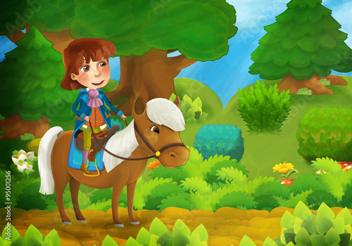 Fototapeta Naklejka Na Ścianę i Meble -  Cartoon forest scene with prince and his horse - illustration for the children