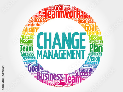 Change management circle stamp word cloud, business concept