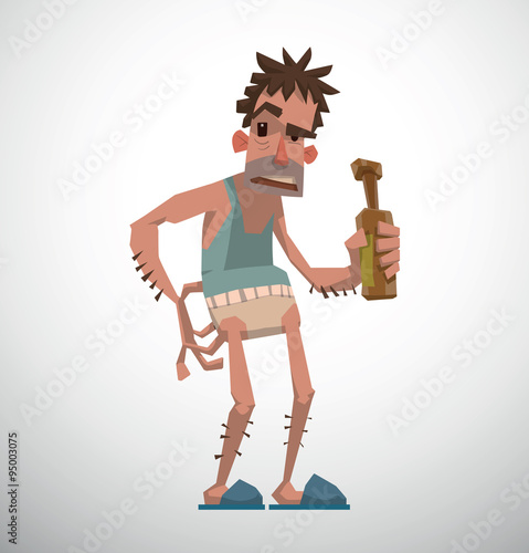 Vector Dirty Alcoholic. Cartoon image of an alcoholic with dark hair and bristle in white trunks, blue singlet and blue slippers with a bottle in his hand on a light background.