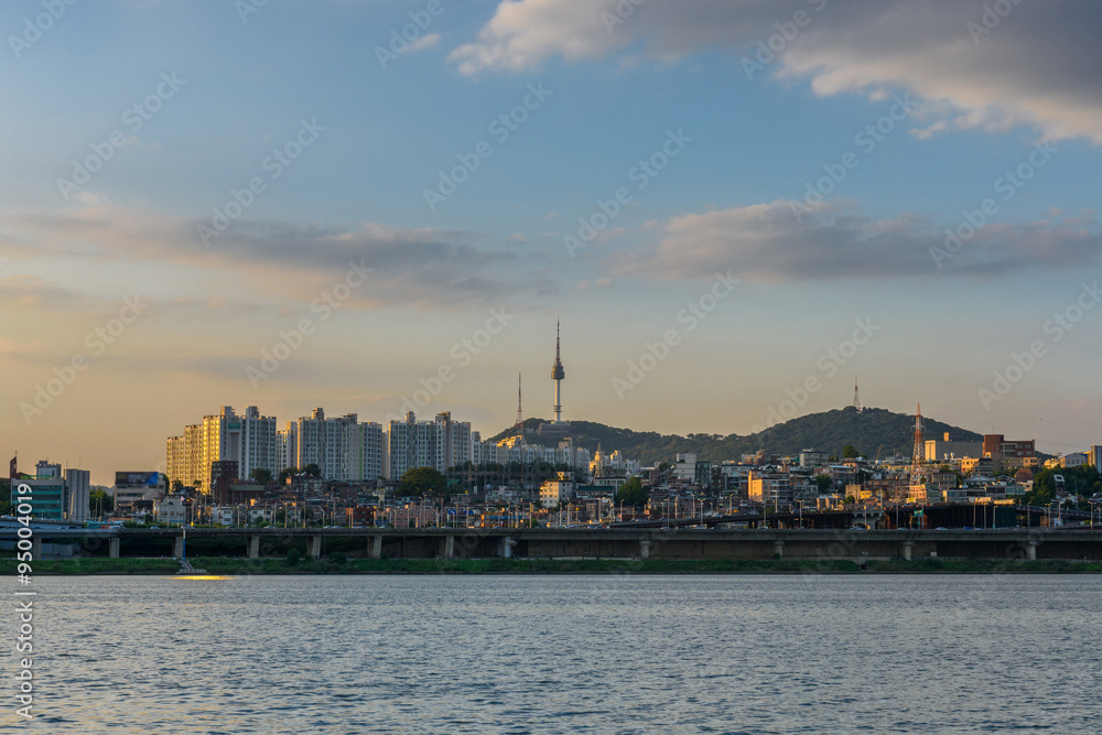 Sunset of Han river and Seoul Tower in Seoul,South Korea