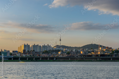 Sunset of Han river and Seoul Tower in Seoul South Korea