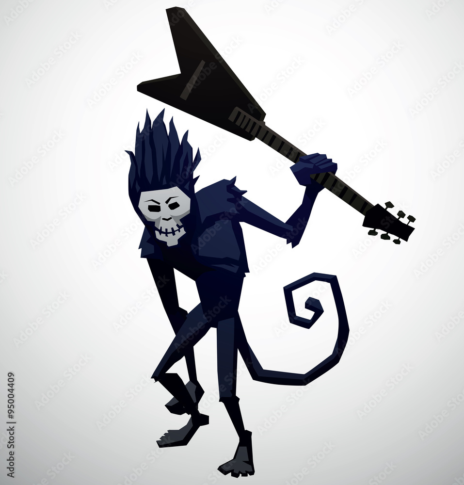 Vector Monkey with a guitar. Cartoon image of dark blue monkey with a white face with a black guitar in his paw on a light background. Stock Vector | Adobe Stock Vector Monkey with a guitar. Cartoon image of dark blue monkey with a white face with a black guitar in his paw on a light background. Stock Vector | Adobe Stock
