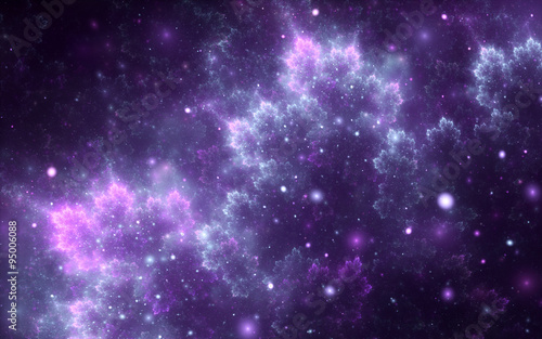 Abstract fractal, decorative sparkling violet cosmic clouds with soft blur on dark background