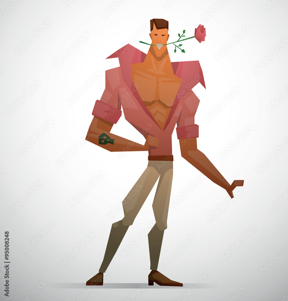 Vector Sexy man. Cartoon image of sexual man with dark hair in light pants  and a