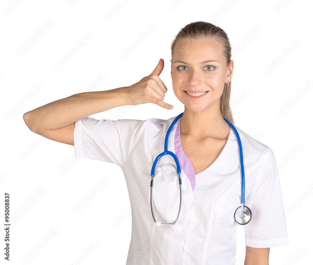Young female doctor showing hand sign call on white background Young female doctor showing hand sign call on white background