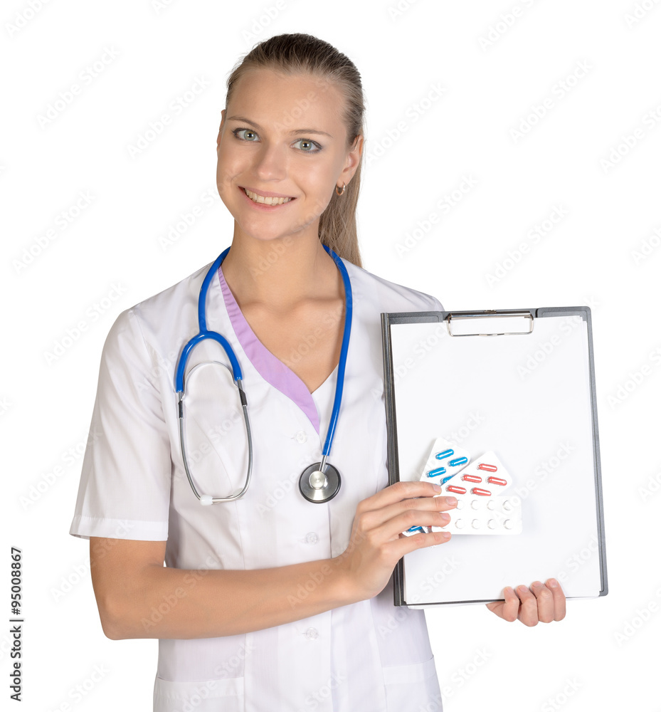 Female doctor with clipboard pill holding hand, isolated on white background Female doctor with clipboard pill holding hand, isolated on white background