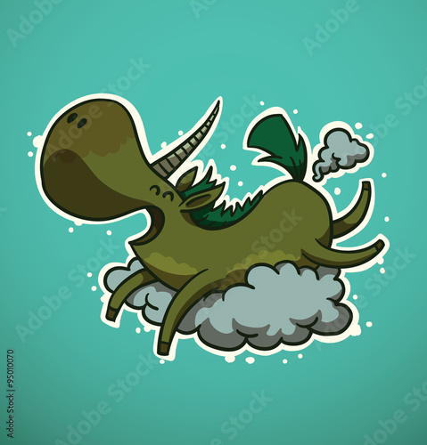 Vector Farting unicorn. Cartoon image of a funny green farting unicorn on a turquoise background.