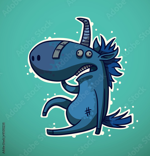 Vector Unicorn with hangover. Cartoon image of a funny blue unicorn with hangover on a turquoise background.