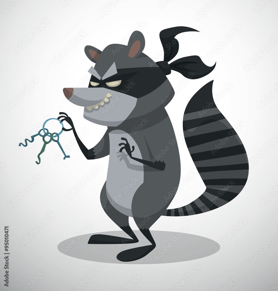 Vector Raccoon Bandit with lock pick. Cartoon image of gray raccoon bandit  with a black mask over his eyes and with a lock pick in his paw on a light  background. Stock