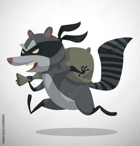 Vector Raccoon Bandit with bag. Cartoon image of gray raccoon bandit with a black mask over his eyes and a gray bag behind his back, fleeing on a light background.