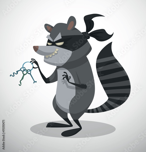 Vector Raccoon Bandit with lock pick. Cartoon image of gray raccoon bandit with a black mask over his eyes and with a lock pick in his paw on a light background.