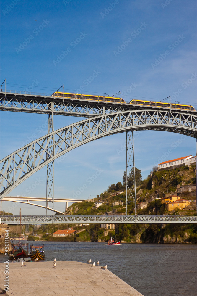 Porto metro train on Dom Luis I bridge Porto metro train on Dom Luis I bridge
