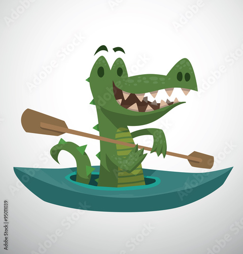 Vector Crocodile kayaking. Cartoon image of a green crocodile sitting in a blue kayak with a brown paddle in his paws on a light background.