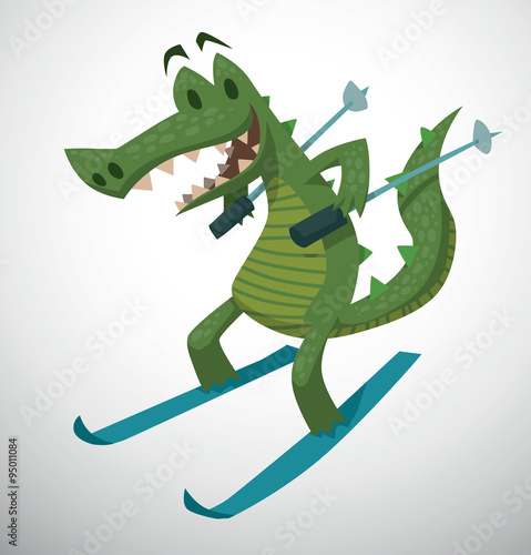 Vector Crocodile skiing. Cartoon image of a green crocodile standing on a blue skis with blue ski poles in his paws on a light background.