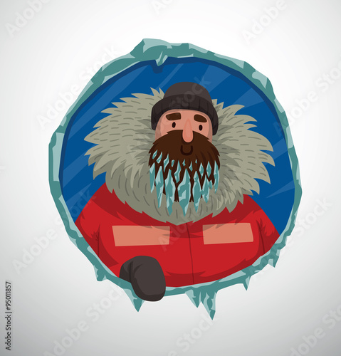 Vector Polar explorer, label. Cartoon image of blue ice label with a polar explorer with brown icy beard, dressed in a red warm jacket with fur hood and a black hat on a light background.
