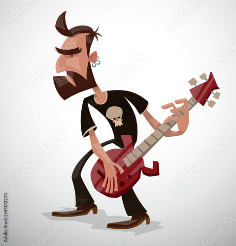 Vector Rock musician with a beard. Cartoon image of a rock musician with brown hair and a beard in black pants and a T-shirt with red guitar in his hands on a light background.
