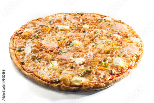Pizza with salmon, mascarpone and rosemary on white background