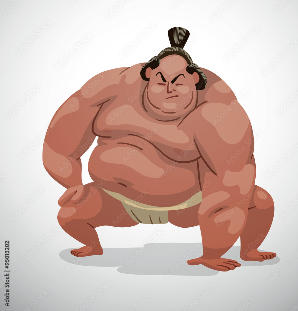Vector cartoon image of a sumo wrestler with black hair in a white belt  