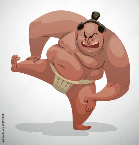 Vector Sumo wrestler with a raised leg. Cartoon image of a sumo wrestler with black hair in a white belt "mawashi" with a raised leg on a light background.