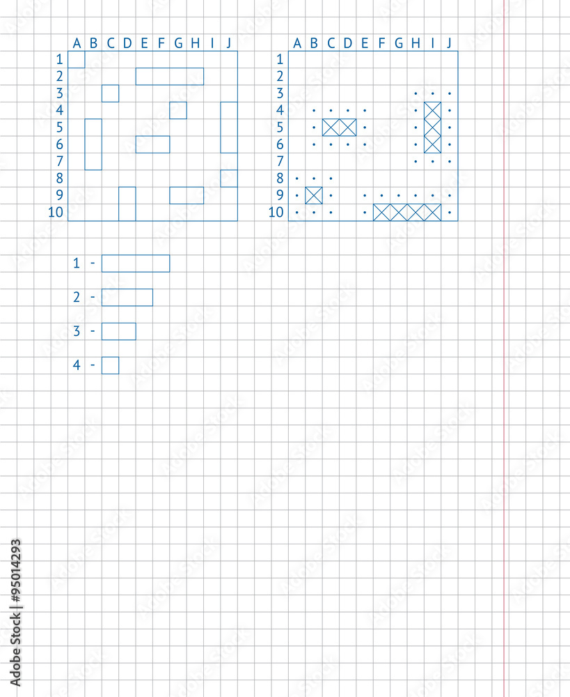 Children's school game — sea battle. Drawing on a school notebook sheet. Children's school game — sea battle. Drawing on a school notebook sheet.