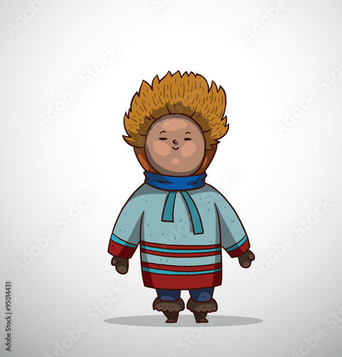 Vector Eskimo, kid. Cartoon image of a child Eskimo in a warm blue jacket with red stripes, blue pants, yellow fur hat and black fur boots on a light background.