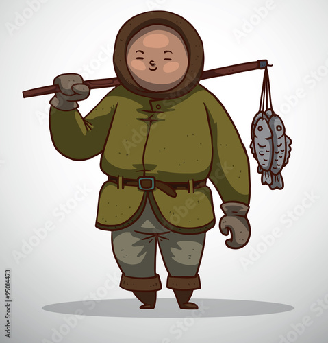 Vector Eskimo, man. Cartoon image of a man Eskimo in a warm green jacket with a hood, gray pants and brown boots with a brown stick on his shoulder, on which hangs a gray fish on a light background.