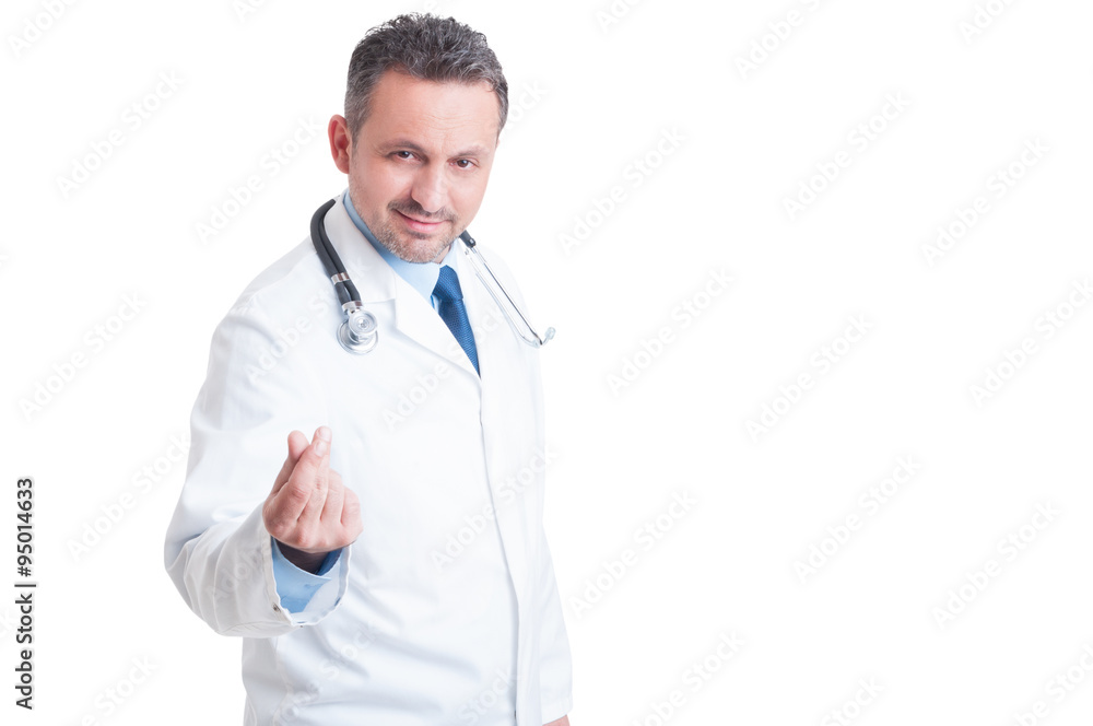 Doctor or medic asking for money and bribe with gesture Doctor or medic asking for money and bribe with gesture