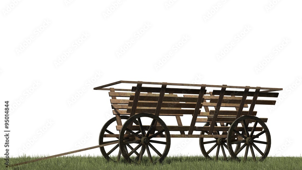 Fototapeta premium Ancient wooden cart on grass surface - isolated on white background