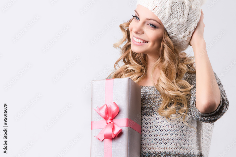 Portrait happy woman with gift box in hands. Portrait happy woman with gift box in hands.