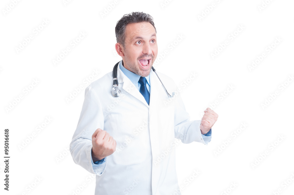 Excited medic or doctor acting cheerful as a winner Excited medic or doctor acting cheerful as a winner