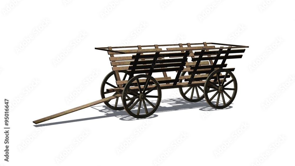 Ancient wooden wagon - isolated on white background - with shadow on the ground
