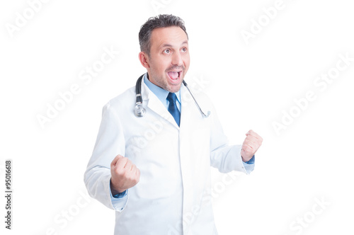 Excited medic or doctor acting cheerful as a winner