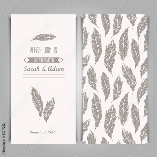Elegant invitation vintage template with silver feathers symbols